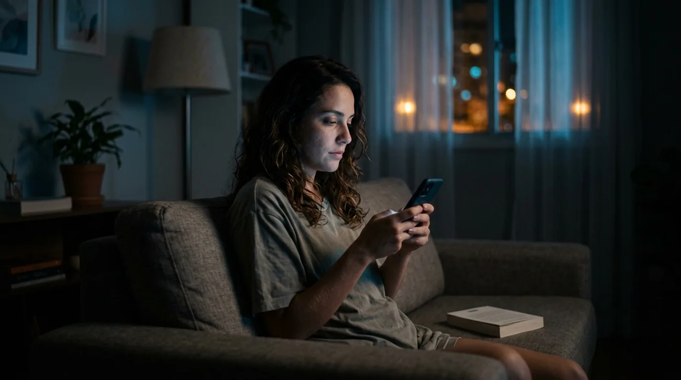 Mulher sentada no sofá à noite com o rosto iluminado pelo celular enquanto rola o feed, sinal comum do vício em redes sociais