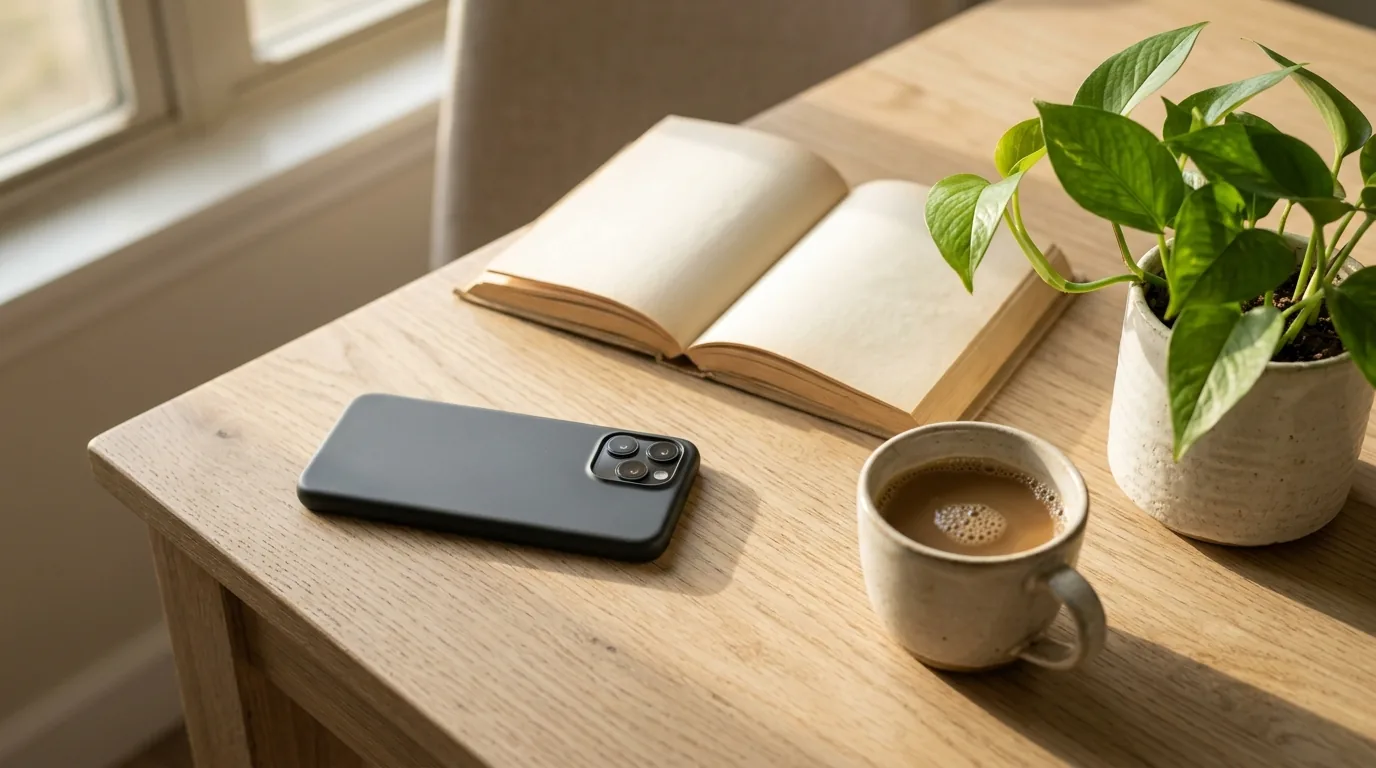 Celular virado para baixo numa mesa de madeira ao lado de um livro aberto, uma xícara de café e uma planta, à luz da manhã