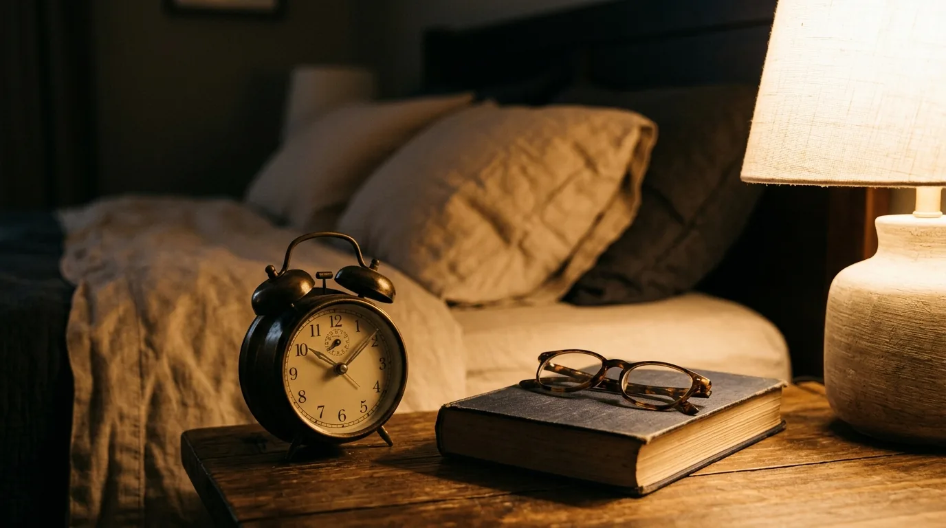 Mesa de cabeceira com despertador analógico, livro e óculos sob a luz do abajur, sem celular no quarto